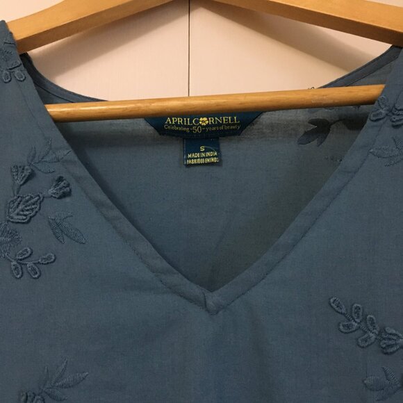 April Cornell Denim Blue Floral Embroidered Cotton Mini Dress Or Top - Picture 5 of 16